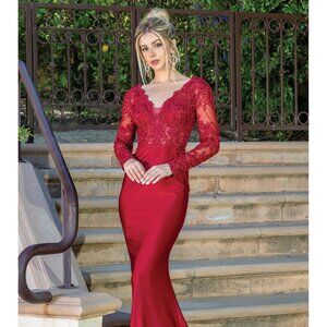 New Floral Lace Embellished Mermaid Gown w/ Long Sleeves & Zipper Back DQ 4124